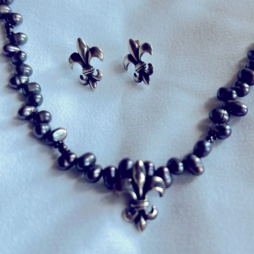 Mignon Faget Fleur de Lis Earrings and pendent, sterling silver